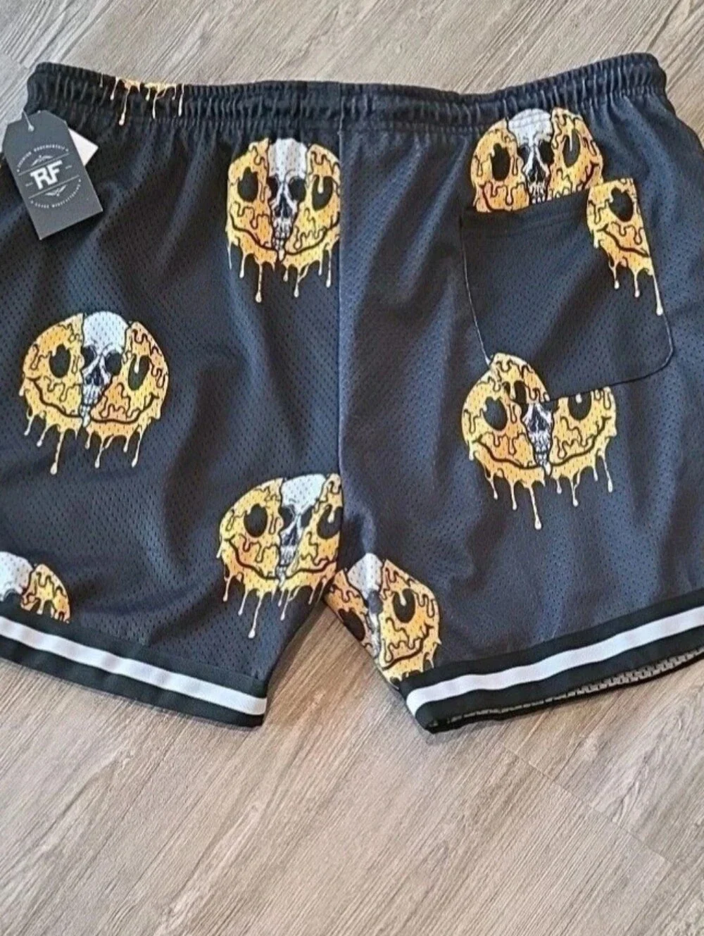 Mens Black Mesh Shorts with Yellow Drip Skull Print XL